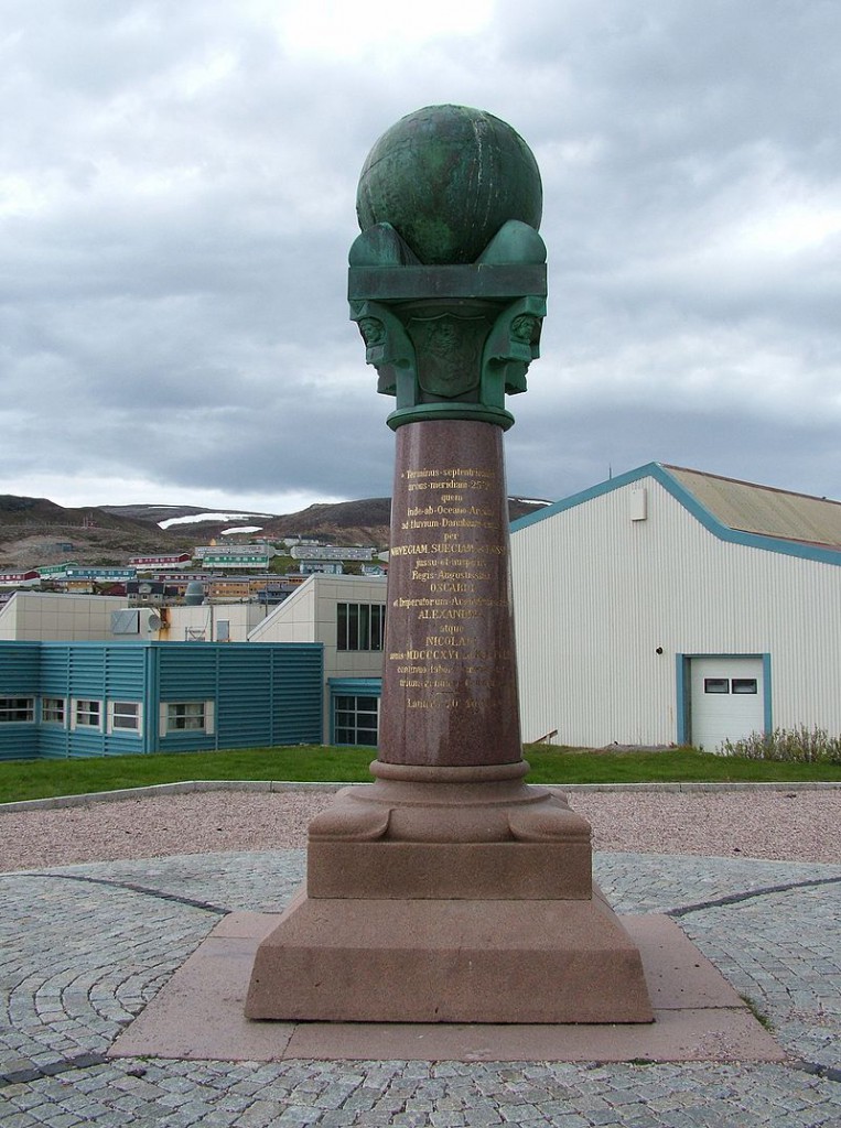A plaque marking the coordinates of the Struve Arc in Hammerfest, Horway.
