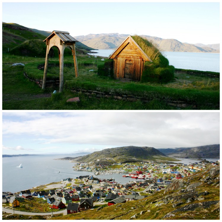 South Greenland is a lush oasis. Pictured are Brattahlíð, Eric the Red's settlement, and the town of Qaqortoq.