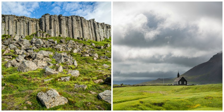 West Iceland is an incredible place. Shown here are Gerðuberg (L) and the black church in Búður (R).