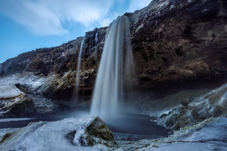 Seljalandsfoss waterfall in South Iceland in wintertime