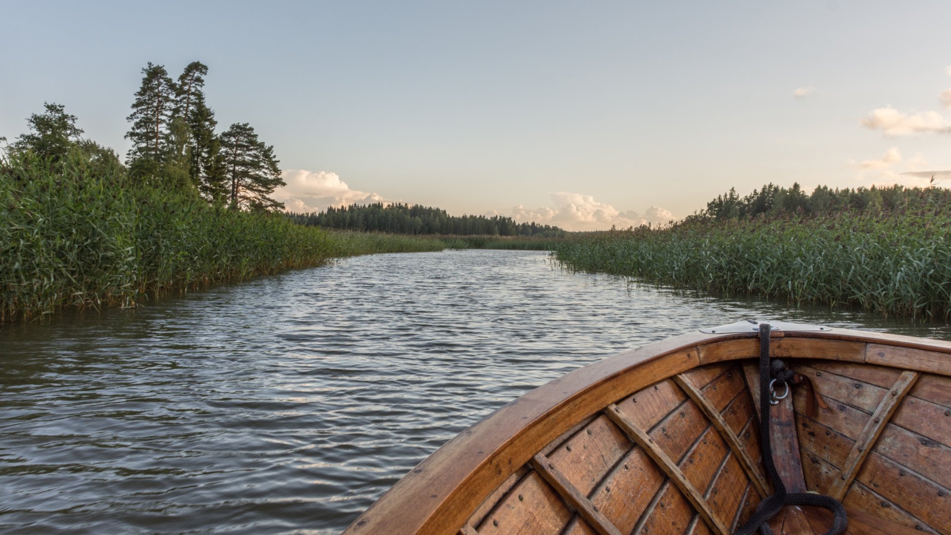 Small wooden boat moored on the Sipoo River in Sipoonkorpi National Park, Finland