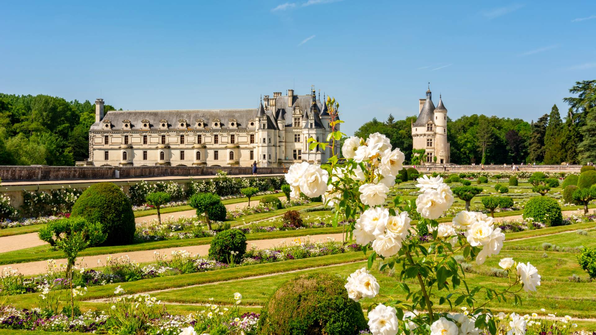 Château de Chenonceau rising above its formal gardens along the River Cher in the Loire Valley