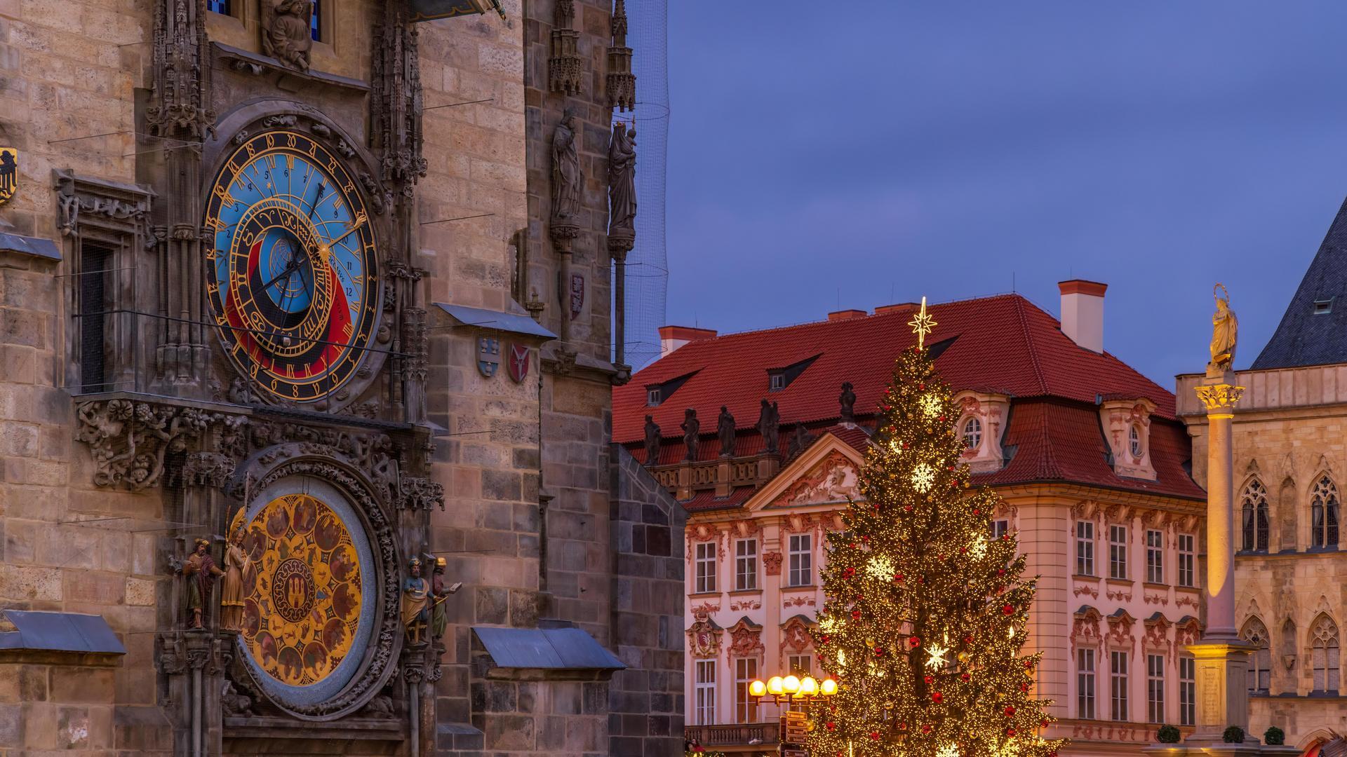 Astronomical clock tower in winter prague