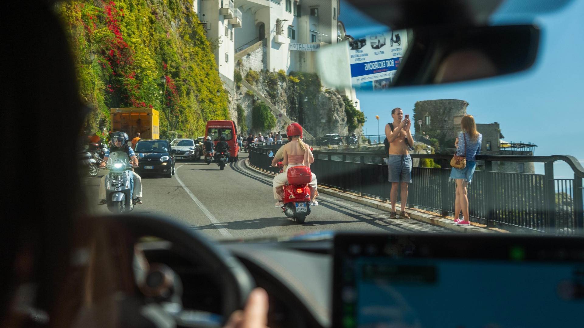 POV of person driving on the Amalfi Coast, Italy. 