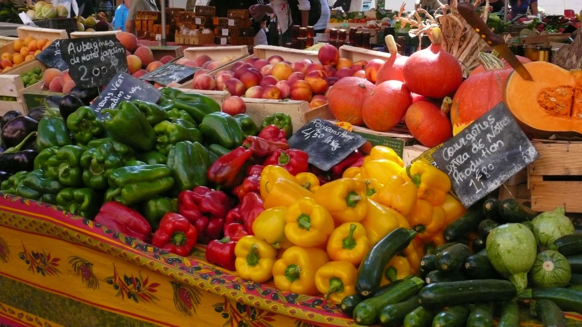 Market stall with fresh seasonal vegetables, France