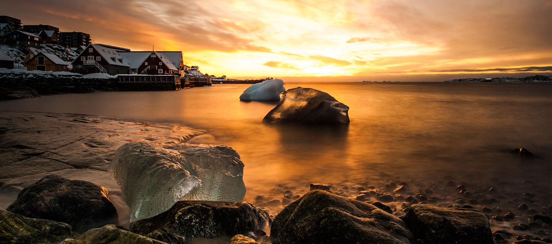 Sunset at the old colonial harbour in Nuuk, Greenland