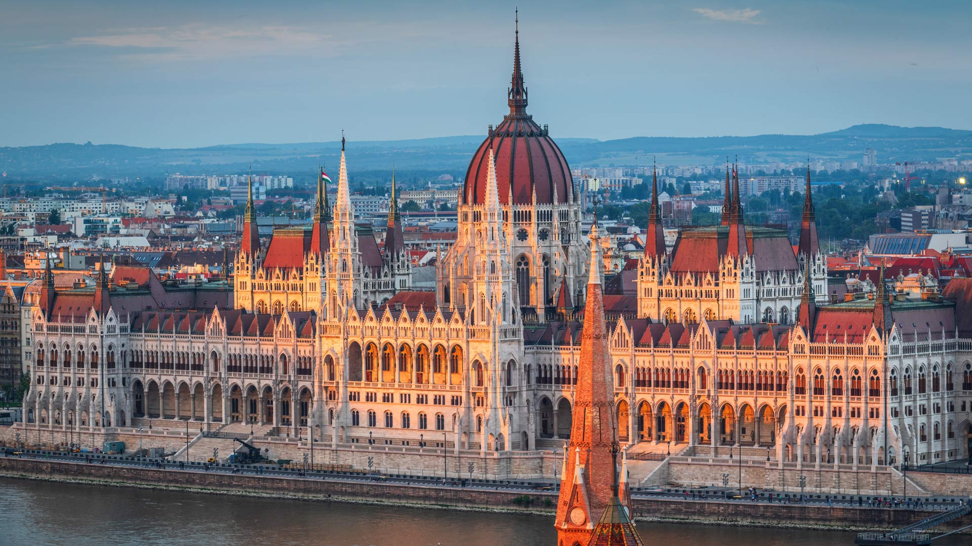 View of the hungarian parliament building at sunset