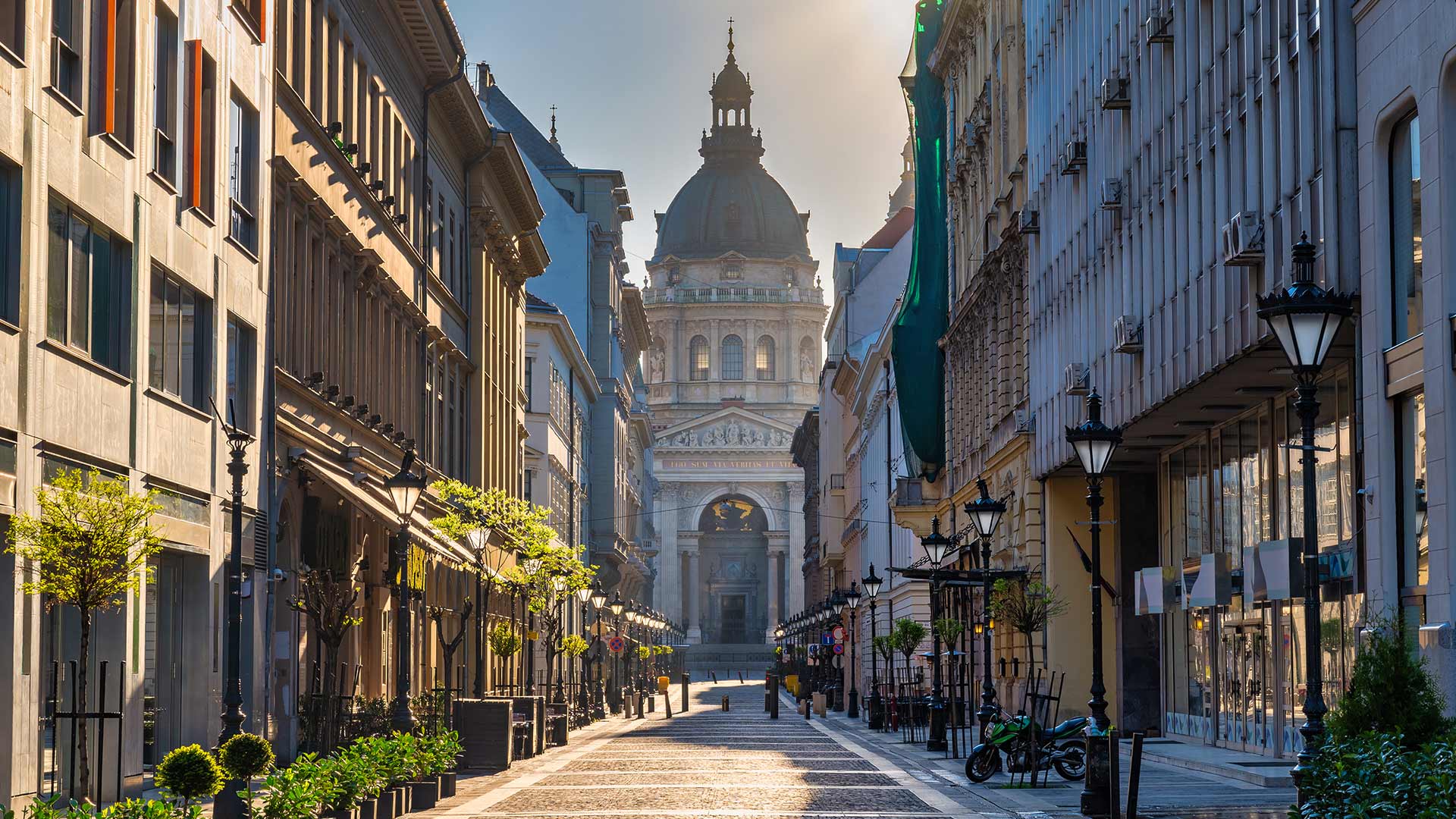 Street view of St. Stephen's Basilica in Budapest