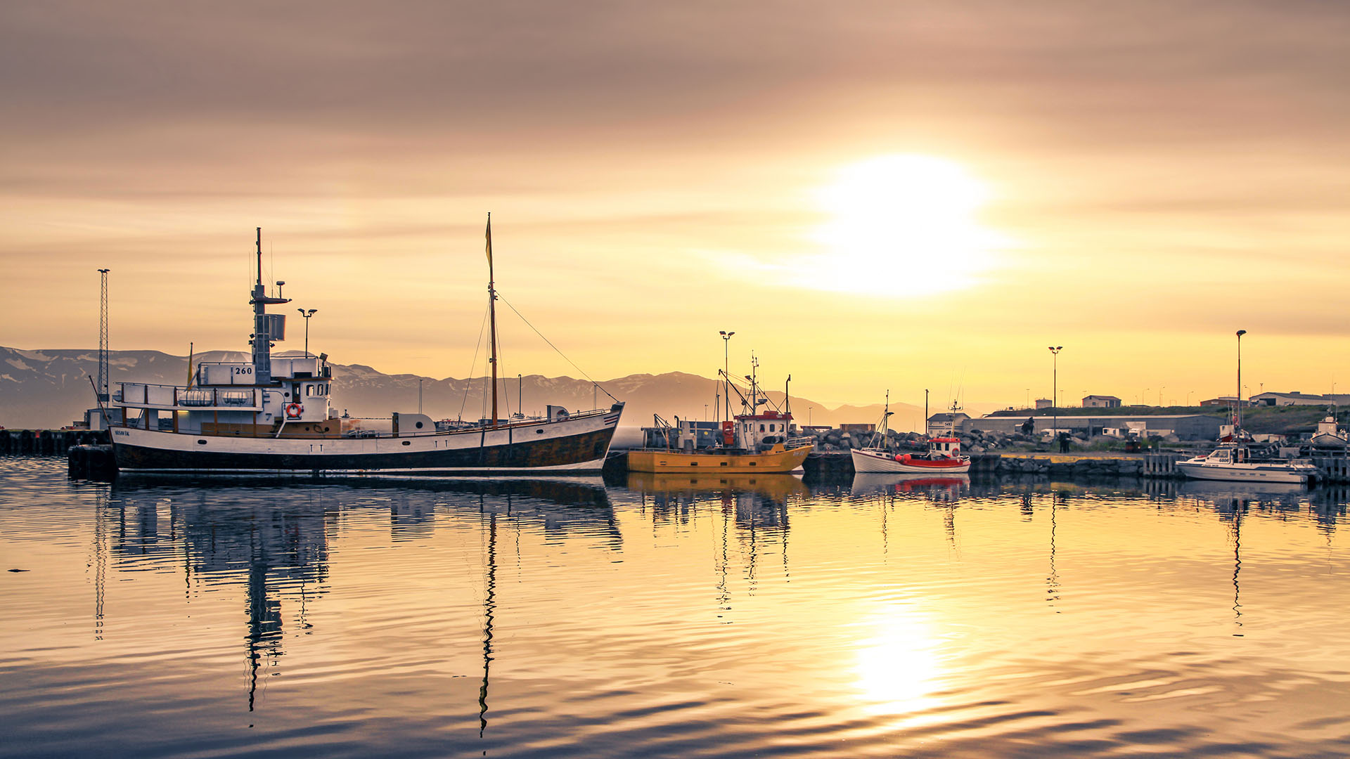 Húsavík harbour in sunset, Iceland