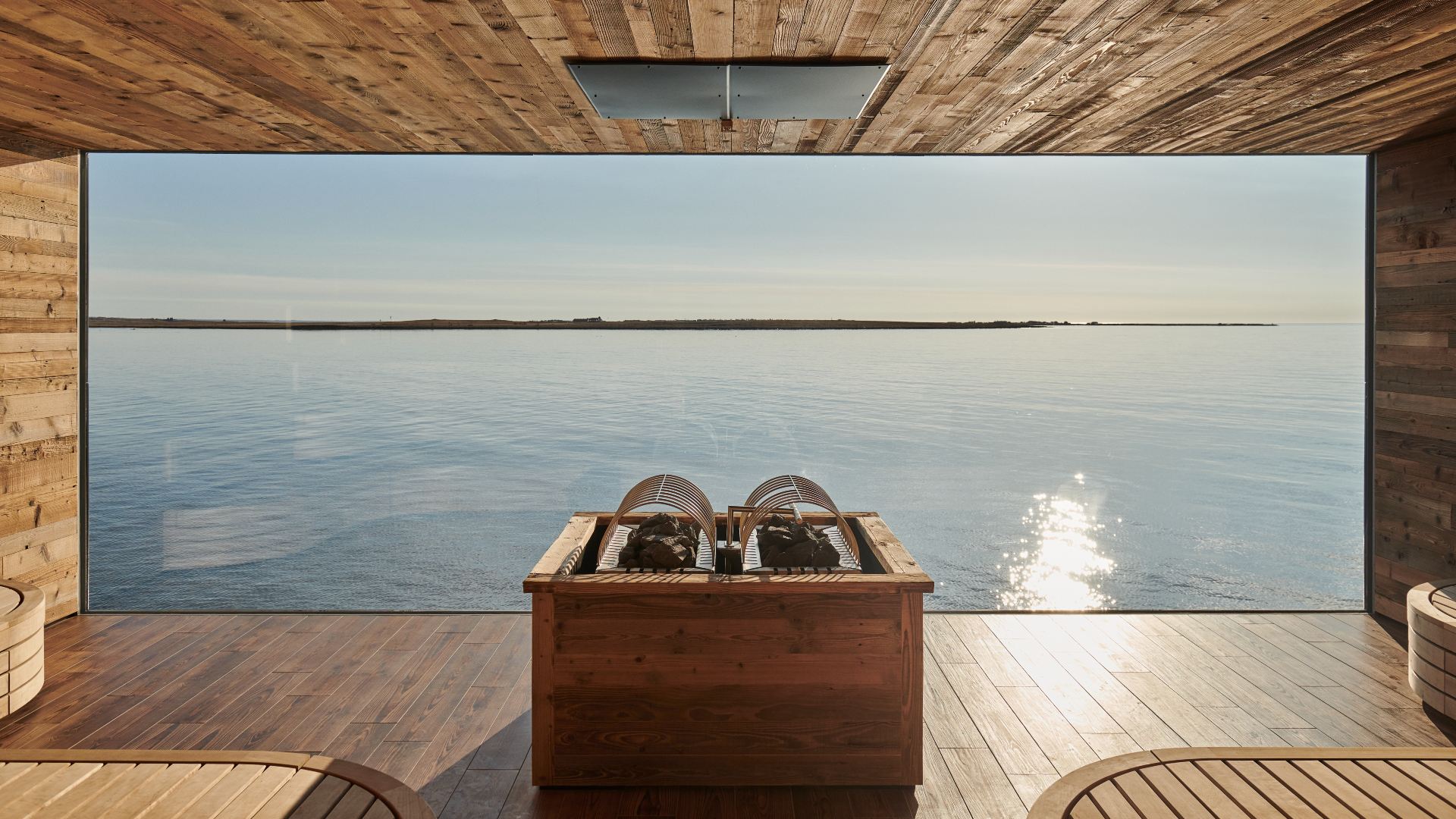 Sauna with an ocean view at the Sky Lagoon