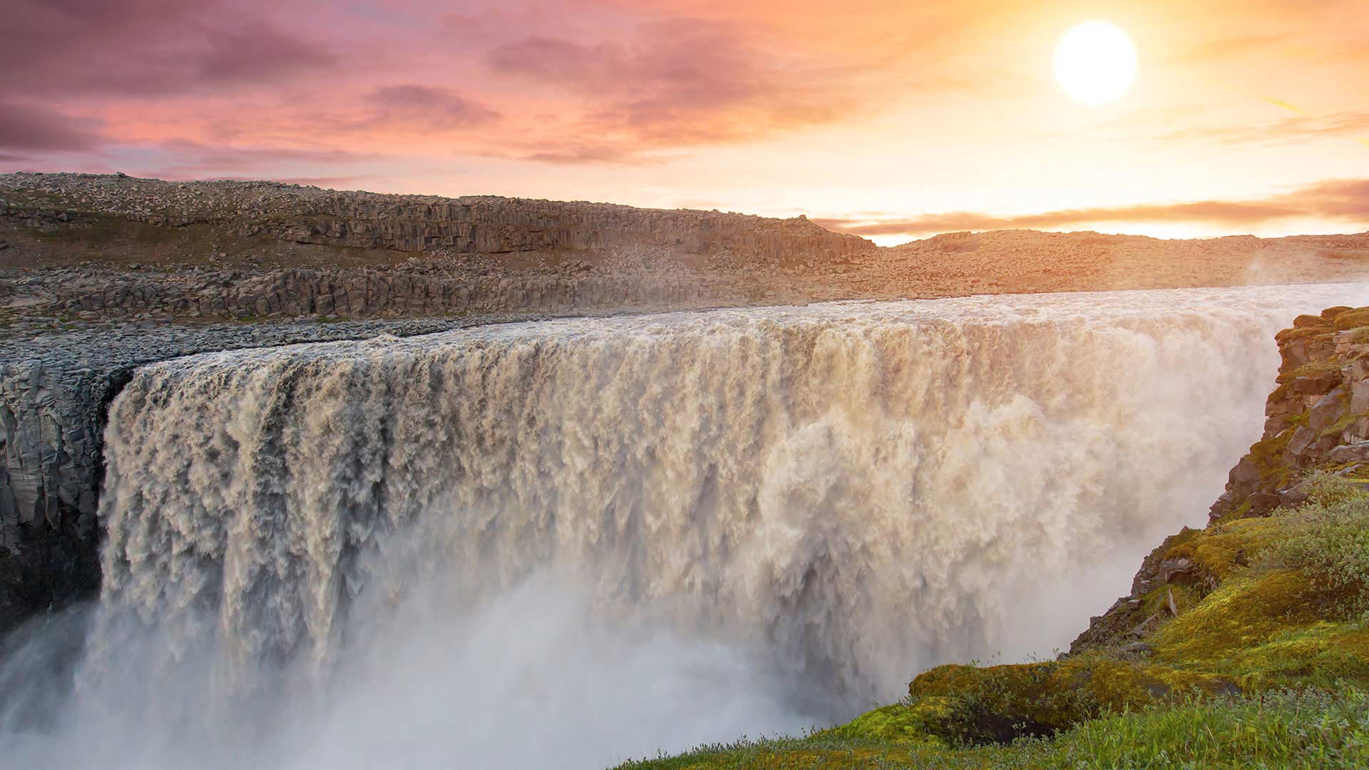 The Dettifoss waterfall at sunset