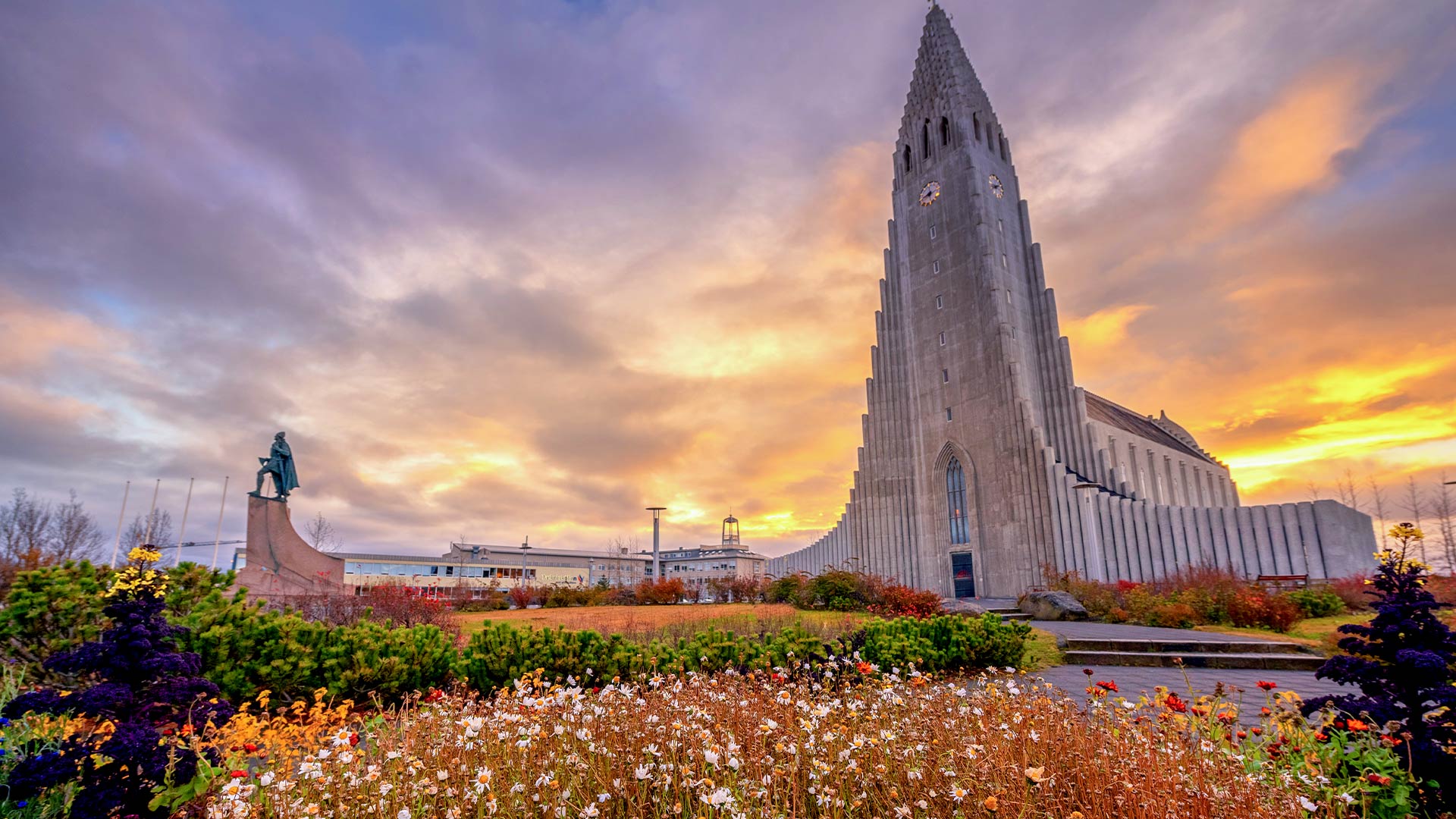 Hallgrímskirkja Church at sunrise Reykjavik in autumn
