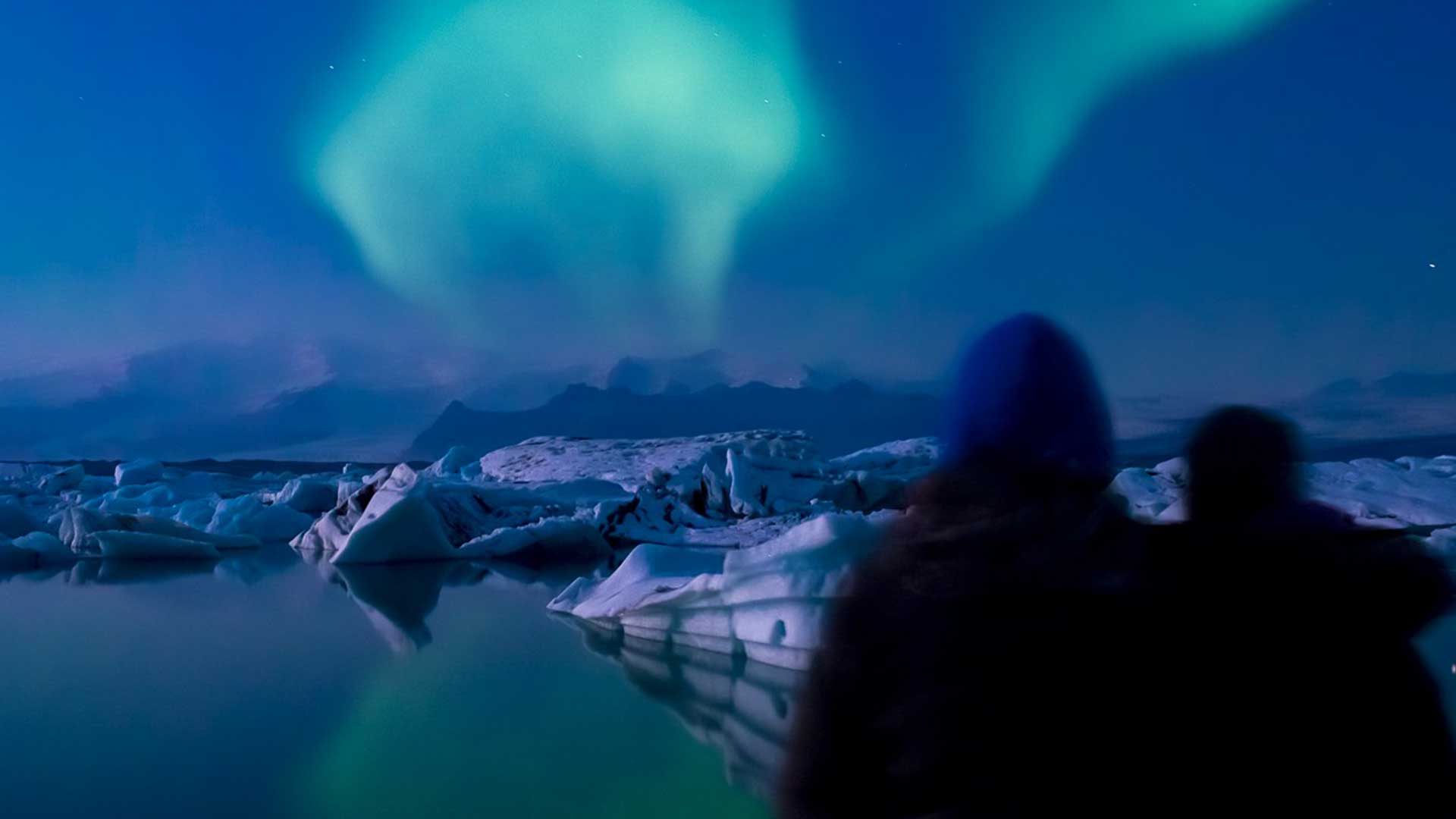 Northern lights over Jokulsarlon glacier lagoon, Iceland