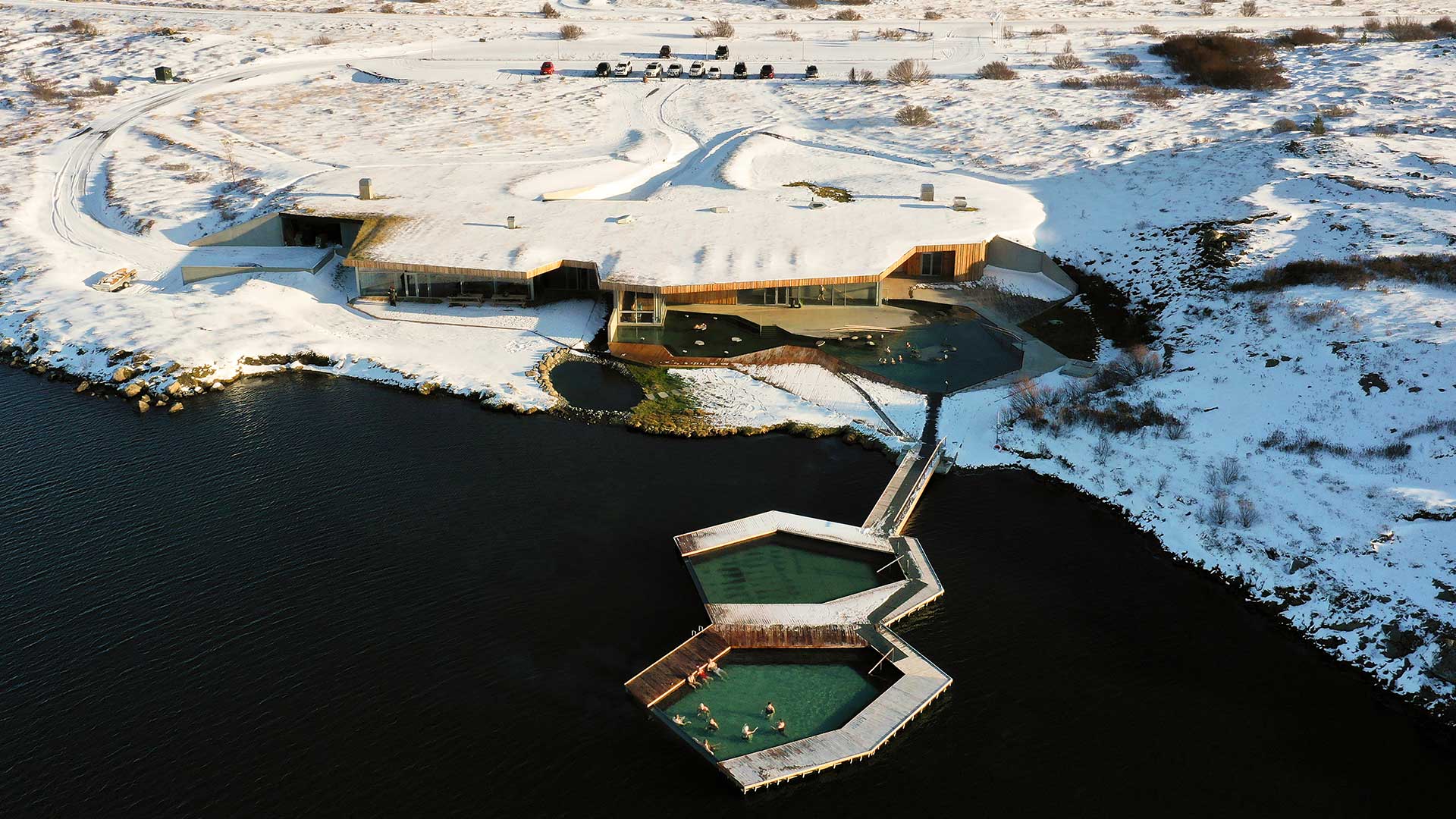 Vök Baths surrounded by snow, near Egilsstaðir in East Iceland