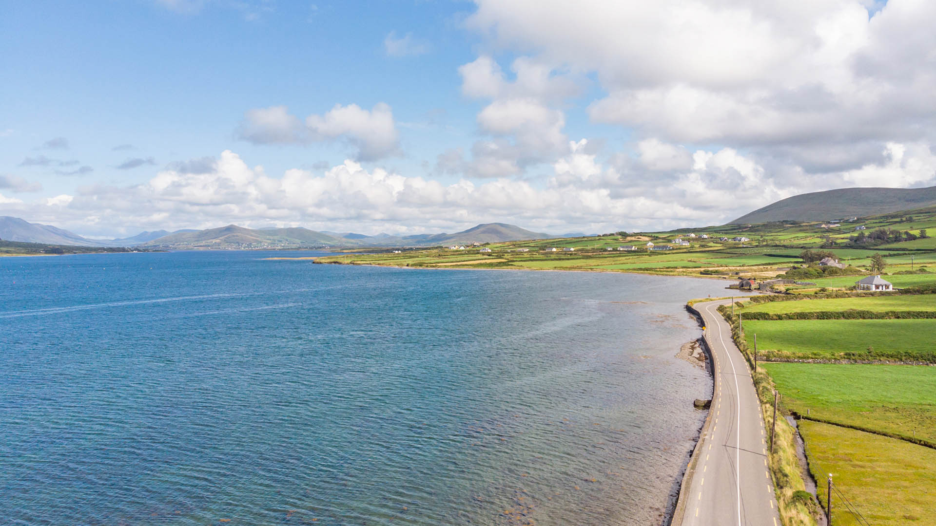 Coastal road in Ireland with a view of the Skellig coast