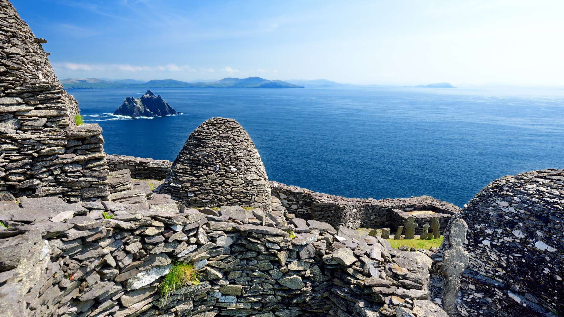 An ancient stone settlement on the island of Great Skellig, Ireland.