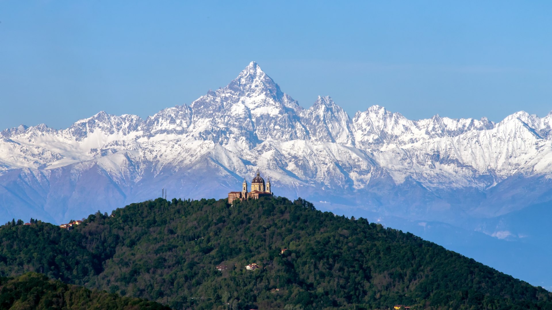 Monviso mountain behind Basilica of Superga, Italy