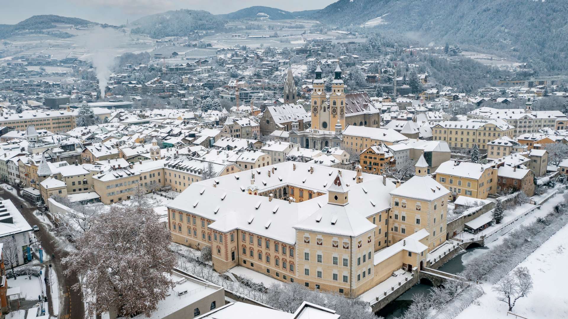 Episcopal Palace in Brixen, Italy, covered in snow during wintertime