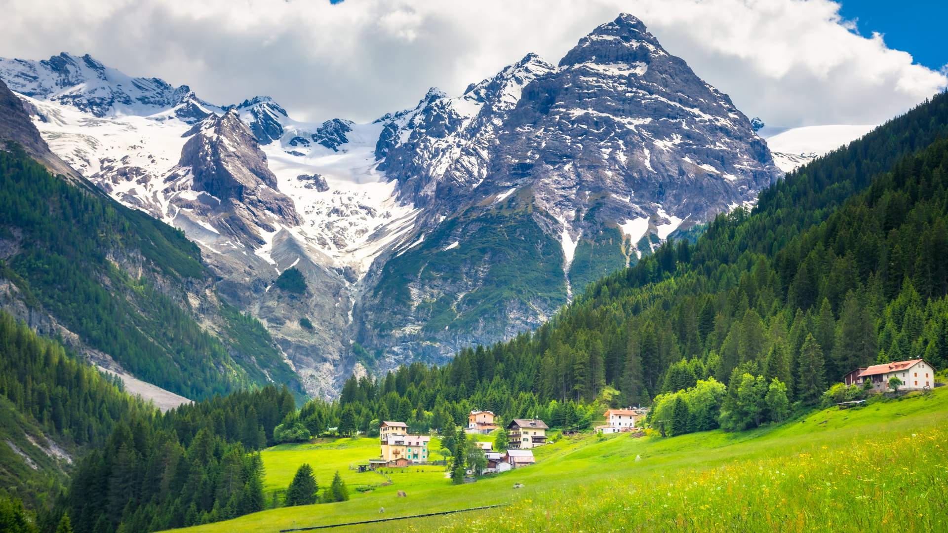 Stilfs village with Ortler mountains behind, South Tyrol, Italy