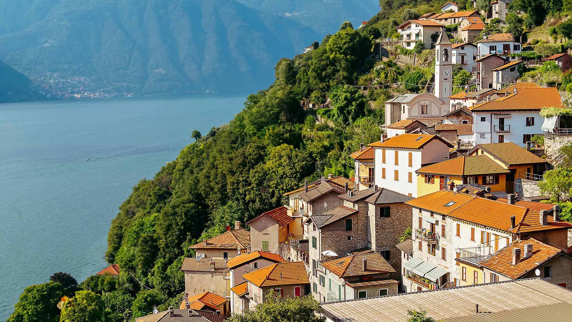 View of Lake Lugano and mountainside houses