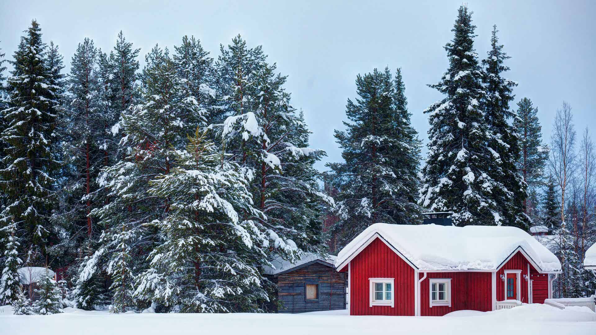 Red cottage set in the snowy countryside in Lapland