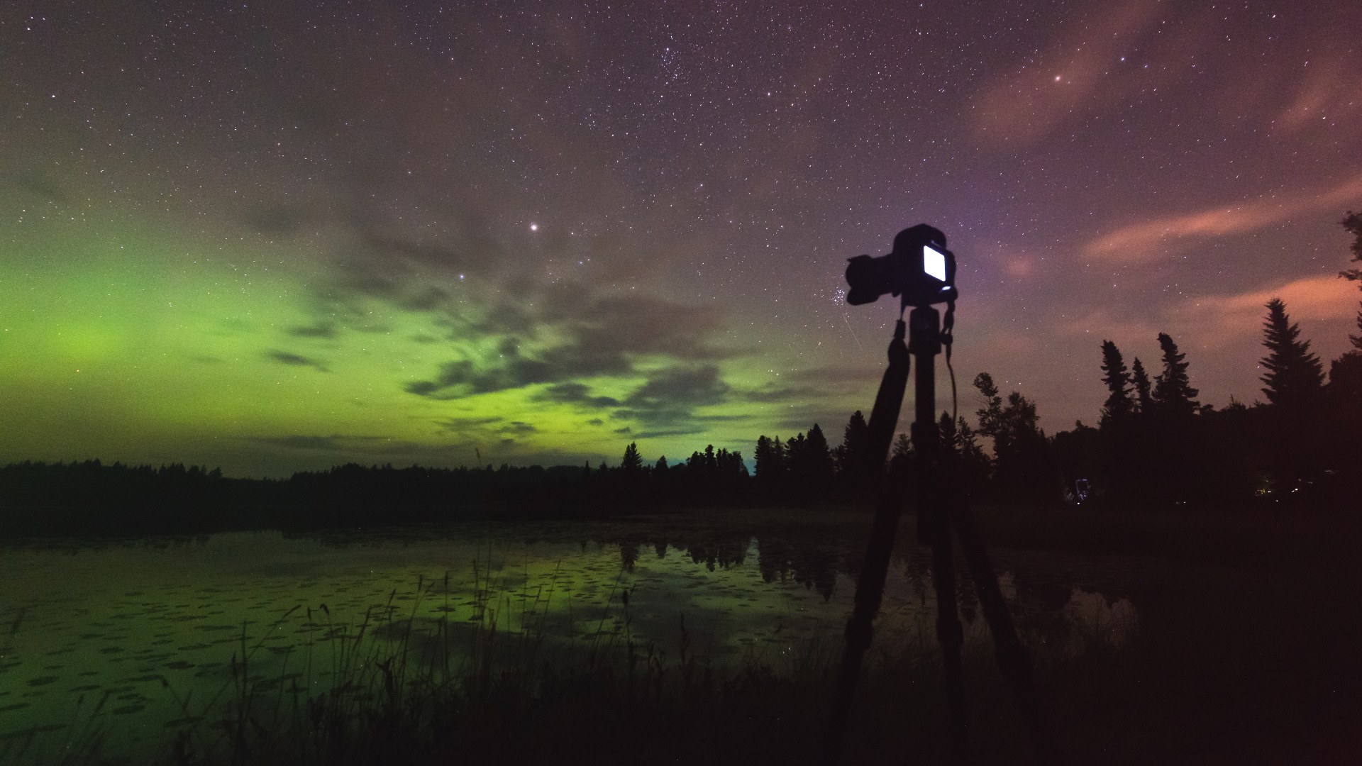 Capturing the northern lights, camera and tripod set up.