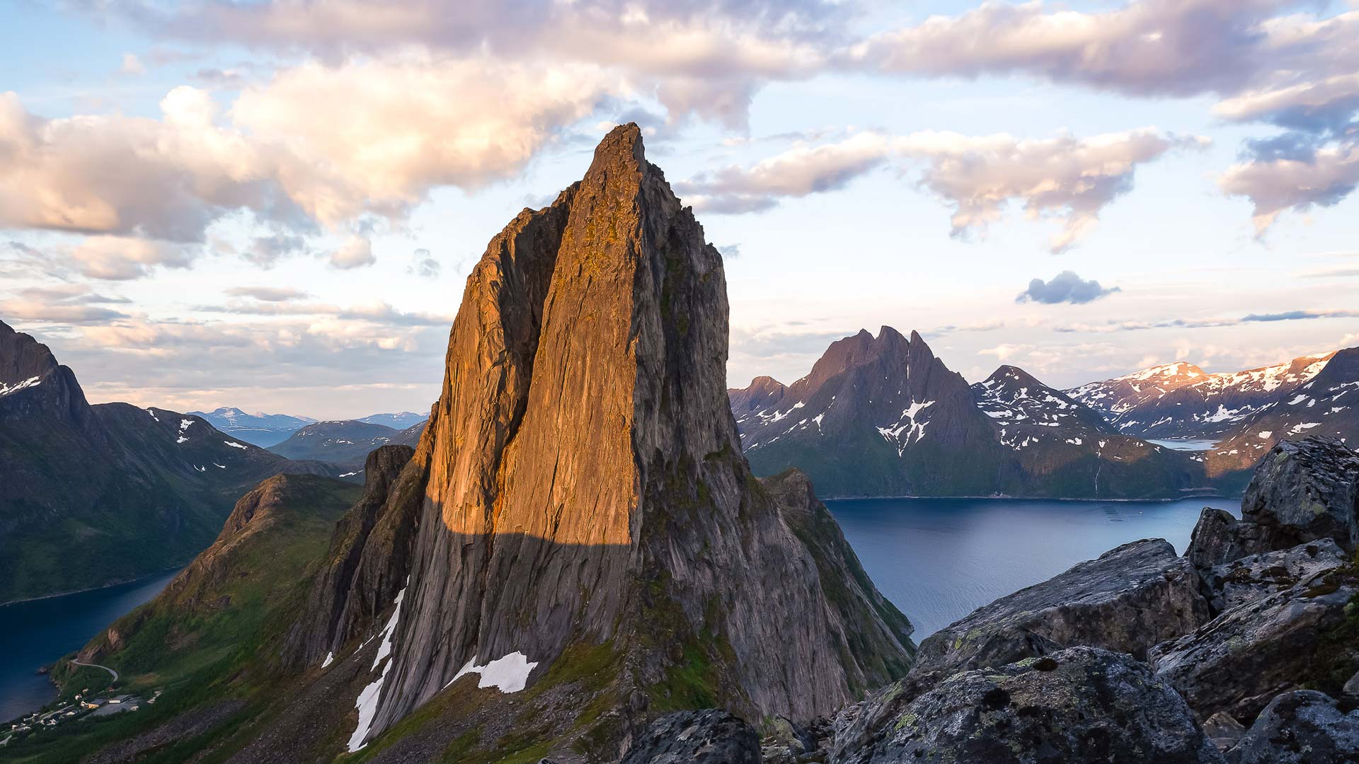 Midnight sun over Segla mountain on Senja Island, Norway