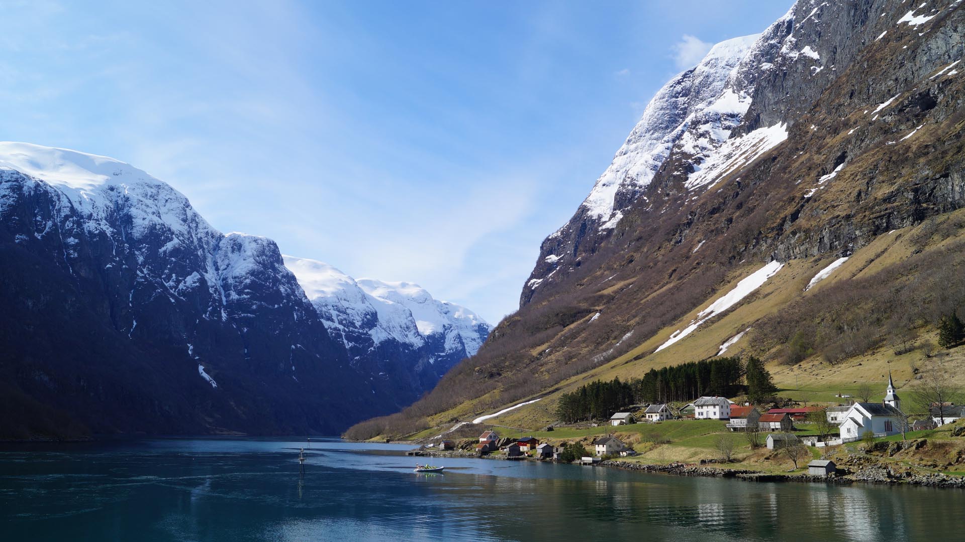 naeroyfjord and snowy mountains