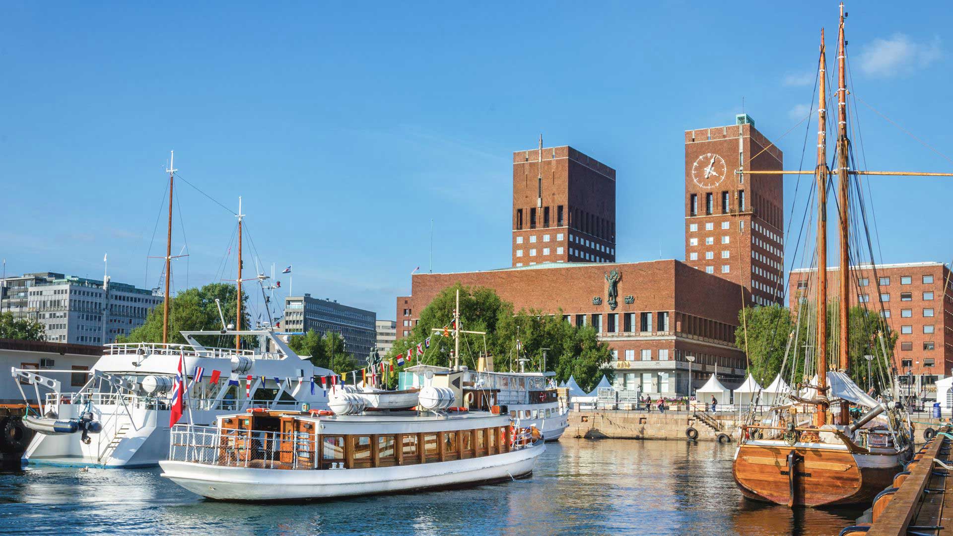 view of the city hall and harbour of oslo