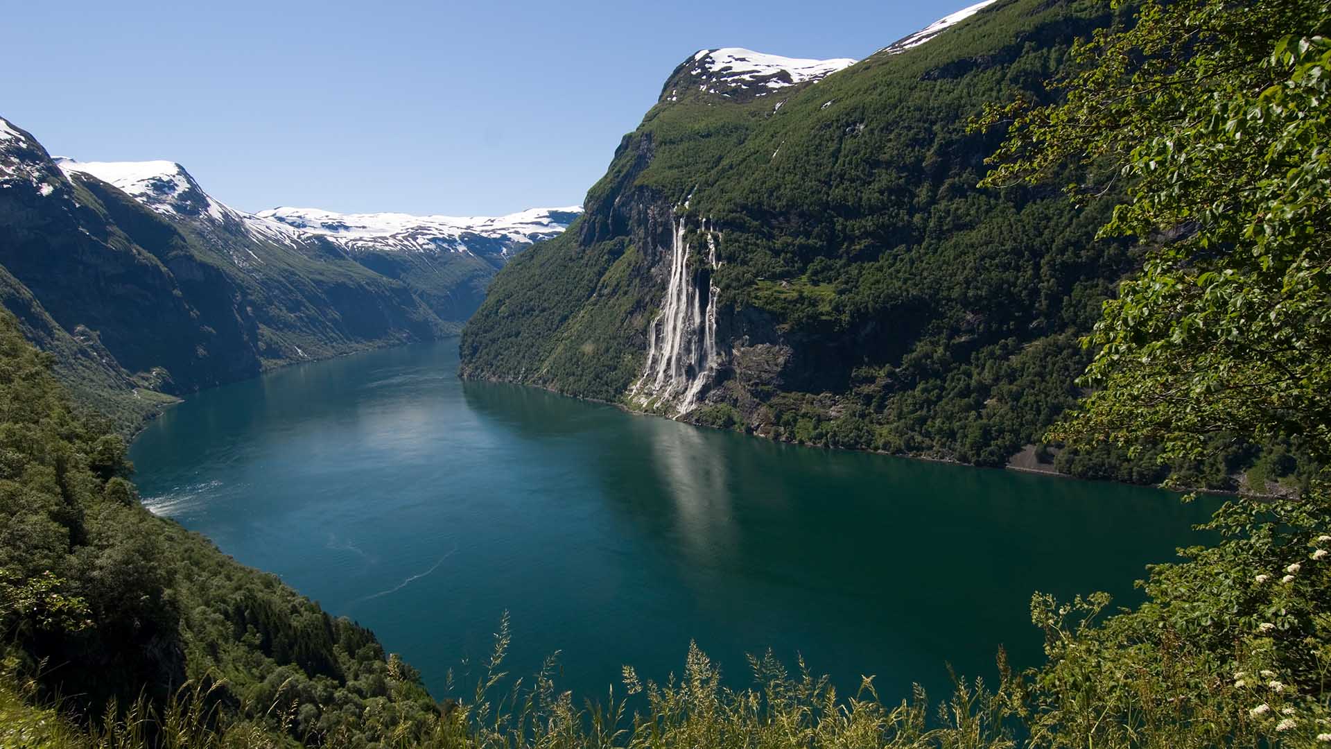 a view of seven sisters waterfall in geirangerfjord