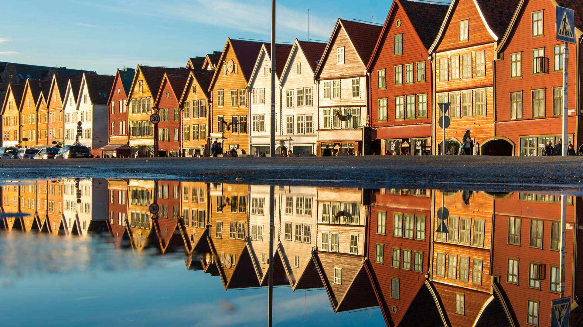 sunset over Bryggen houses in Bergen