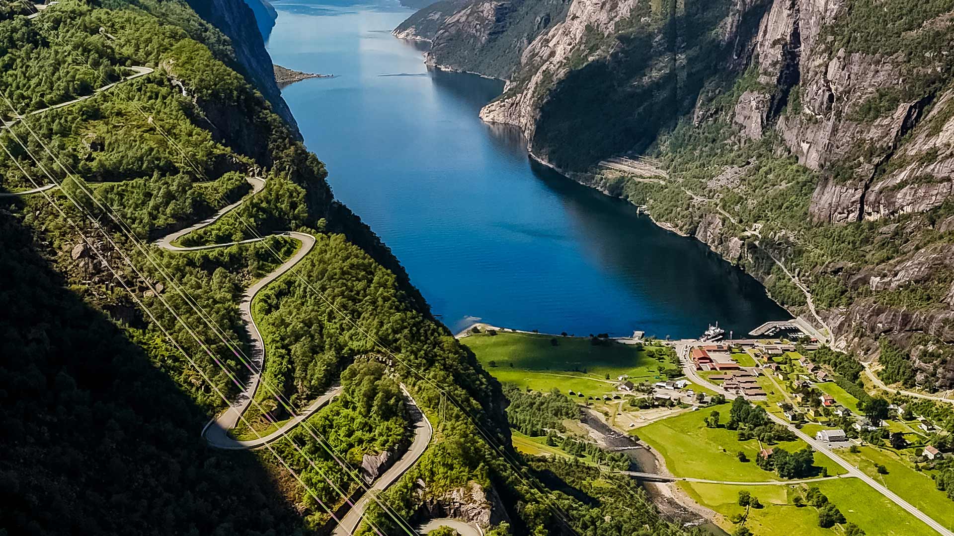 Scenic winding road along Lysefjorden in Norway?400x200;crop