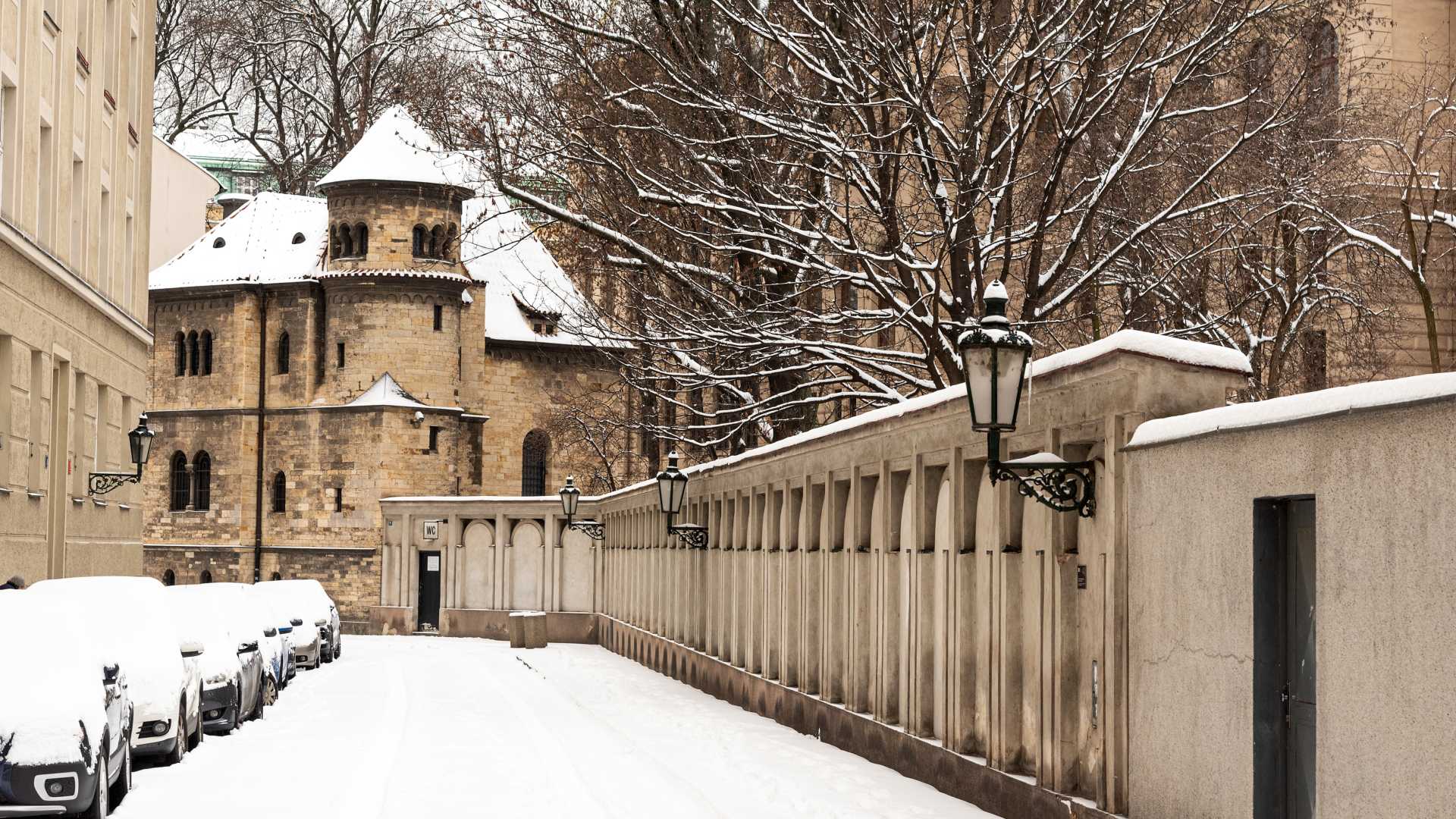 View of the New Ceremonial Hall at the Old Jewish Cemetery in Prague during winter.
