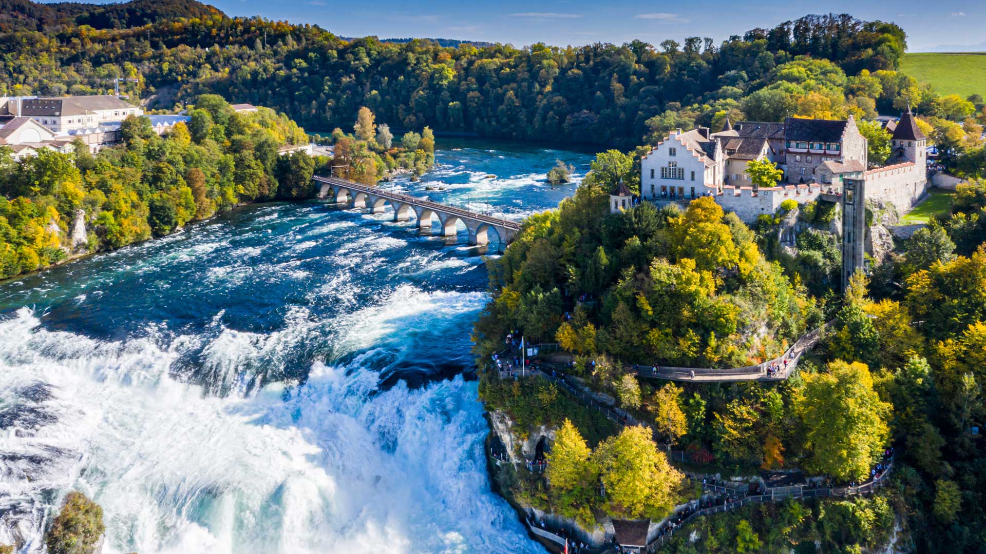 Rhine Falls or Rheinfall, Switzerland panoramic aerial view.