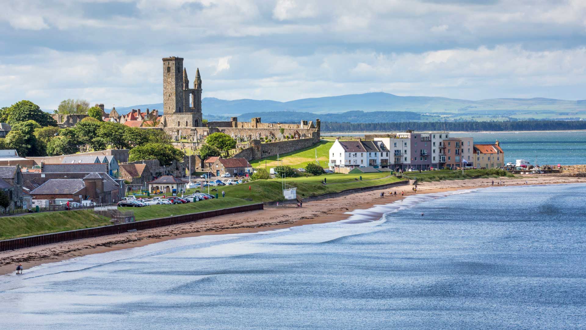 View of ruins and old stone cottages along the East Sands of St Andrews