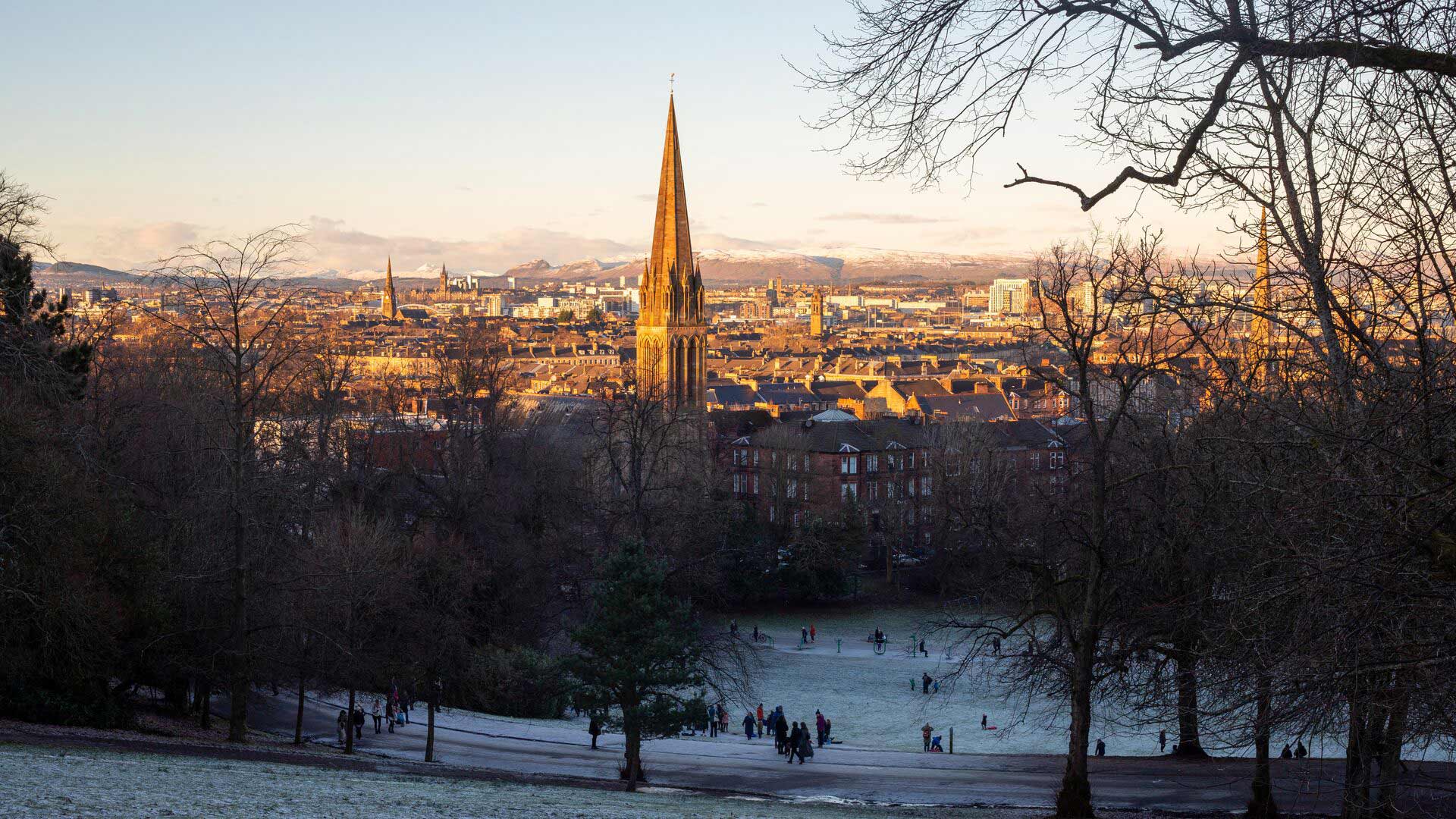 Queens Park in Glasgow dusted with snow during winter