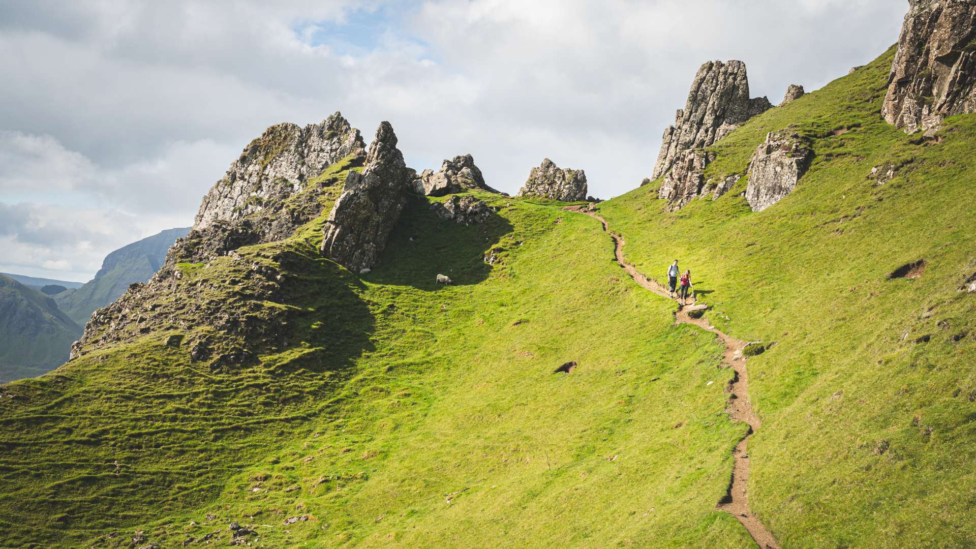 People hiking along a path at the Quiraing, Isle of Skye, Scotland