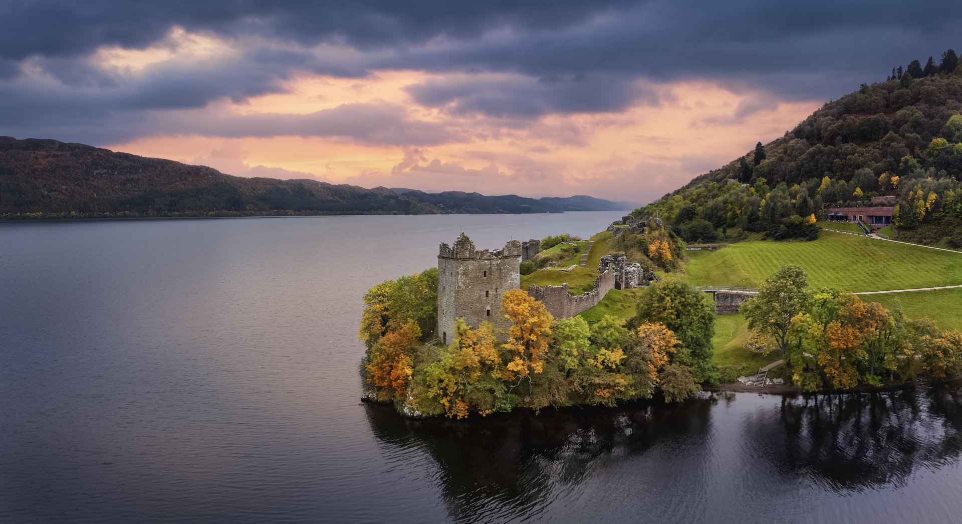 Urquhart Castle and Loch Ness at sunset