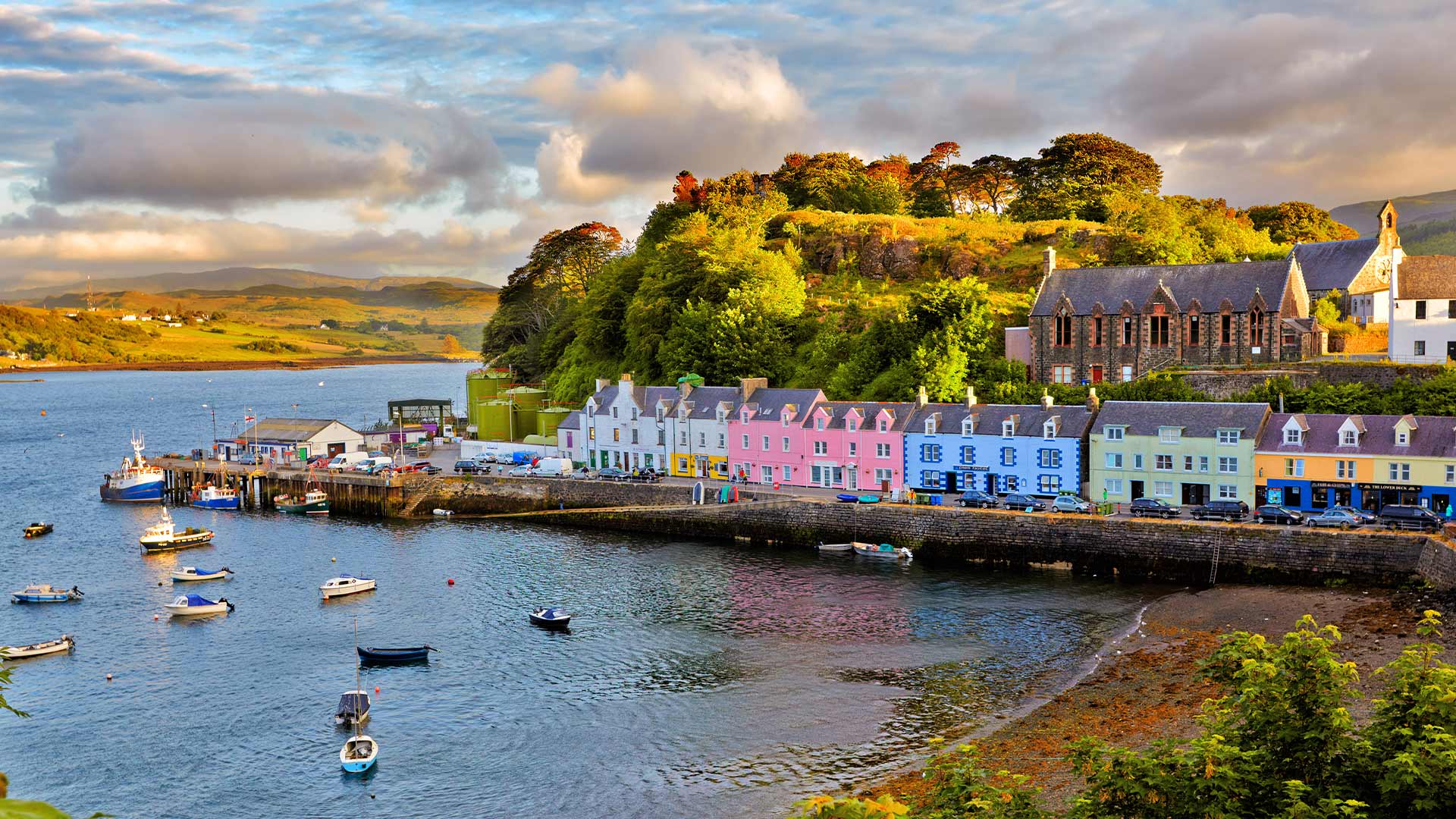 Panoramic view of Portree harbour on the Isle of Skye