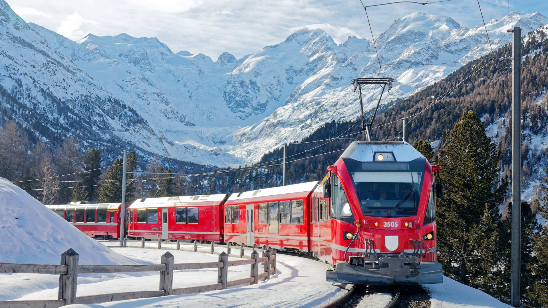 Red Bernina Express traveling through Montebello mountain route
