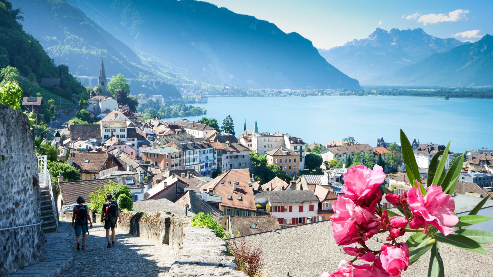 Hikers in Montreux overlooking Lake Geneva, Switzerland
