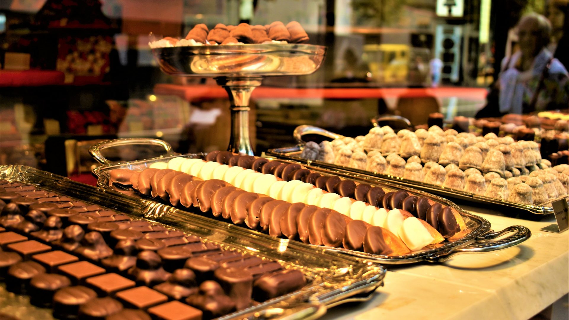 Pralines displayed in a Swiss chocolate shop, Switzerland