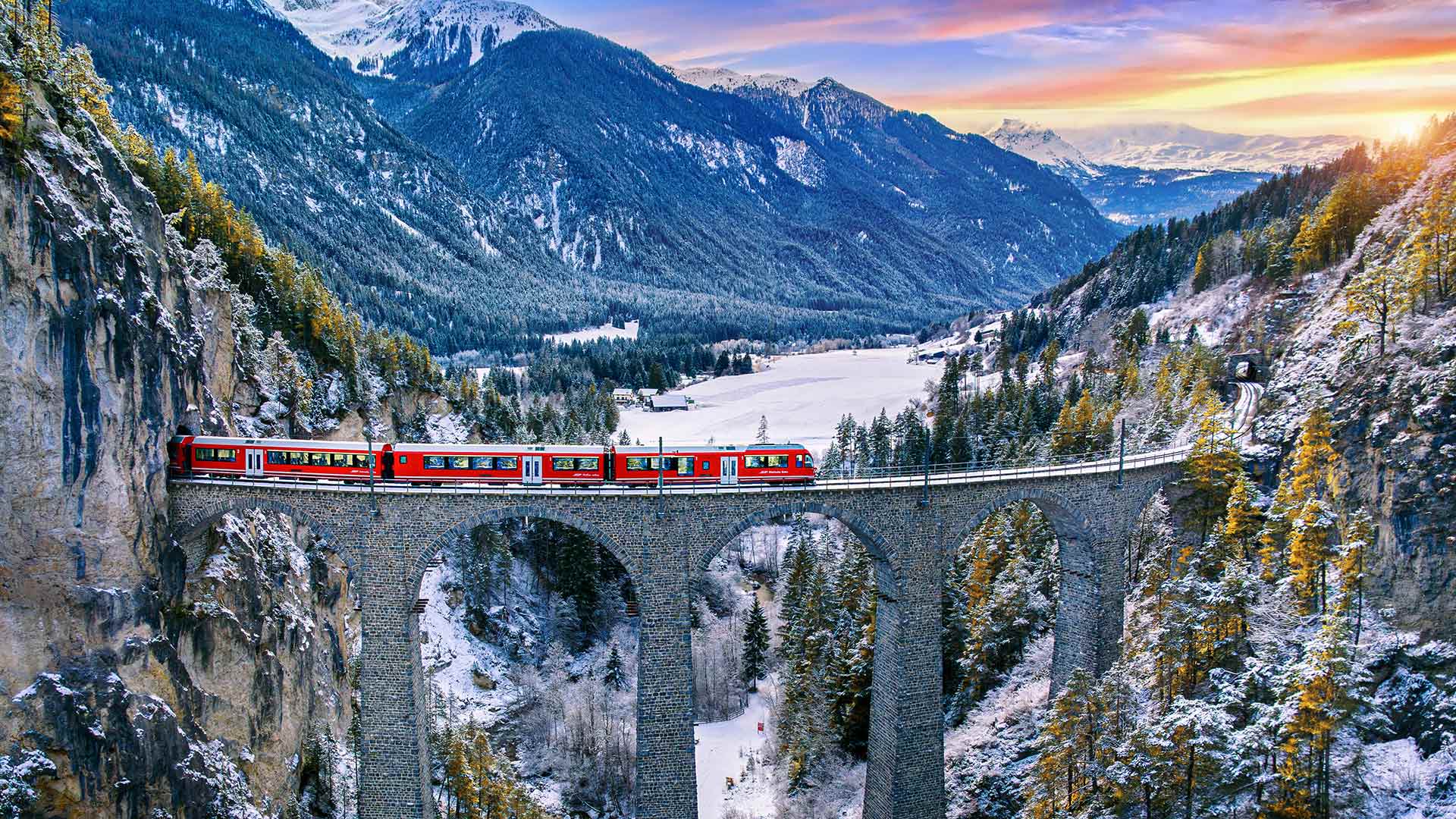 Train in Filisur Switzerland Landwasser Viaduct in the Swiss Alps