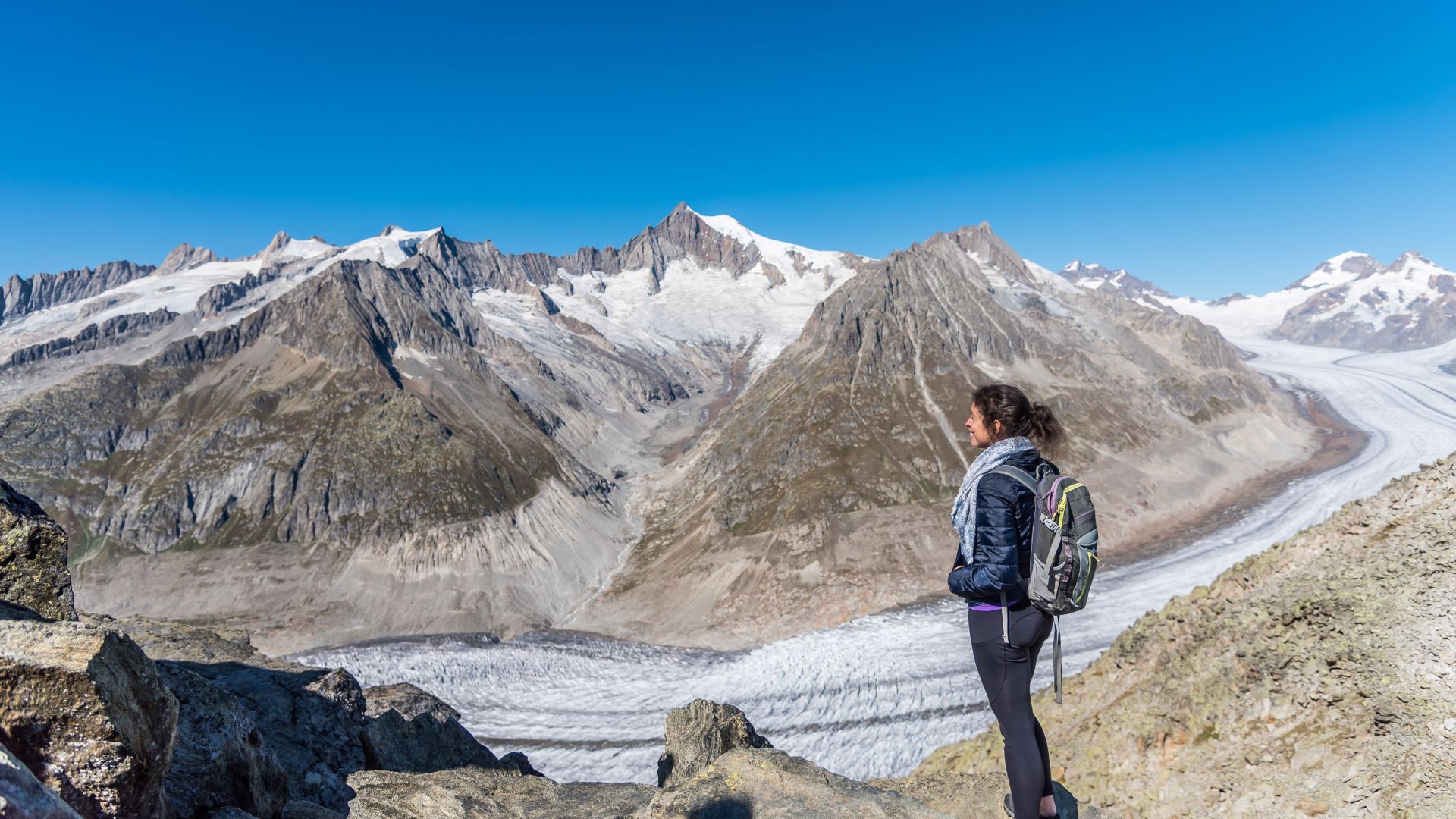 Women overlooking Aletsch Glacier in the Swiss Alps
