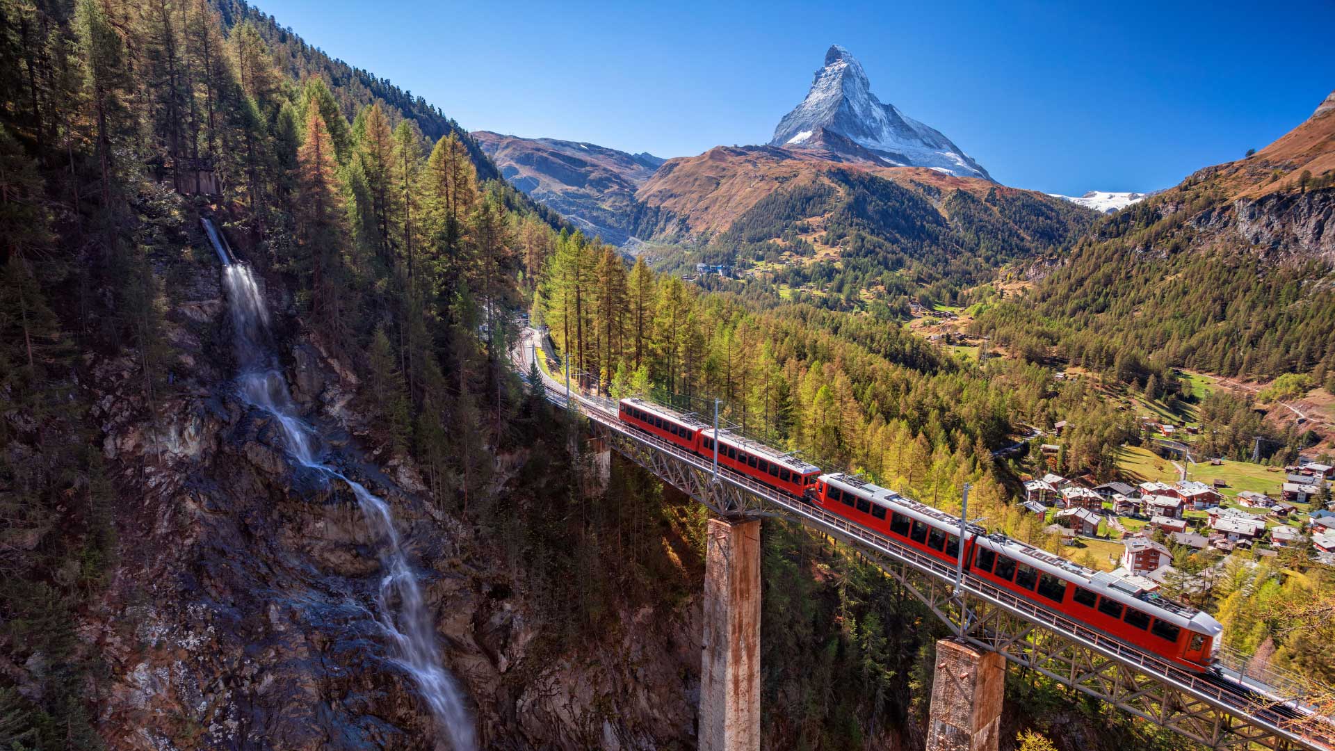 Gornergrat train crossing bridge near Zermatt, Switzerland