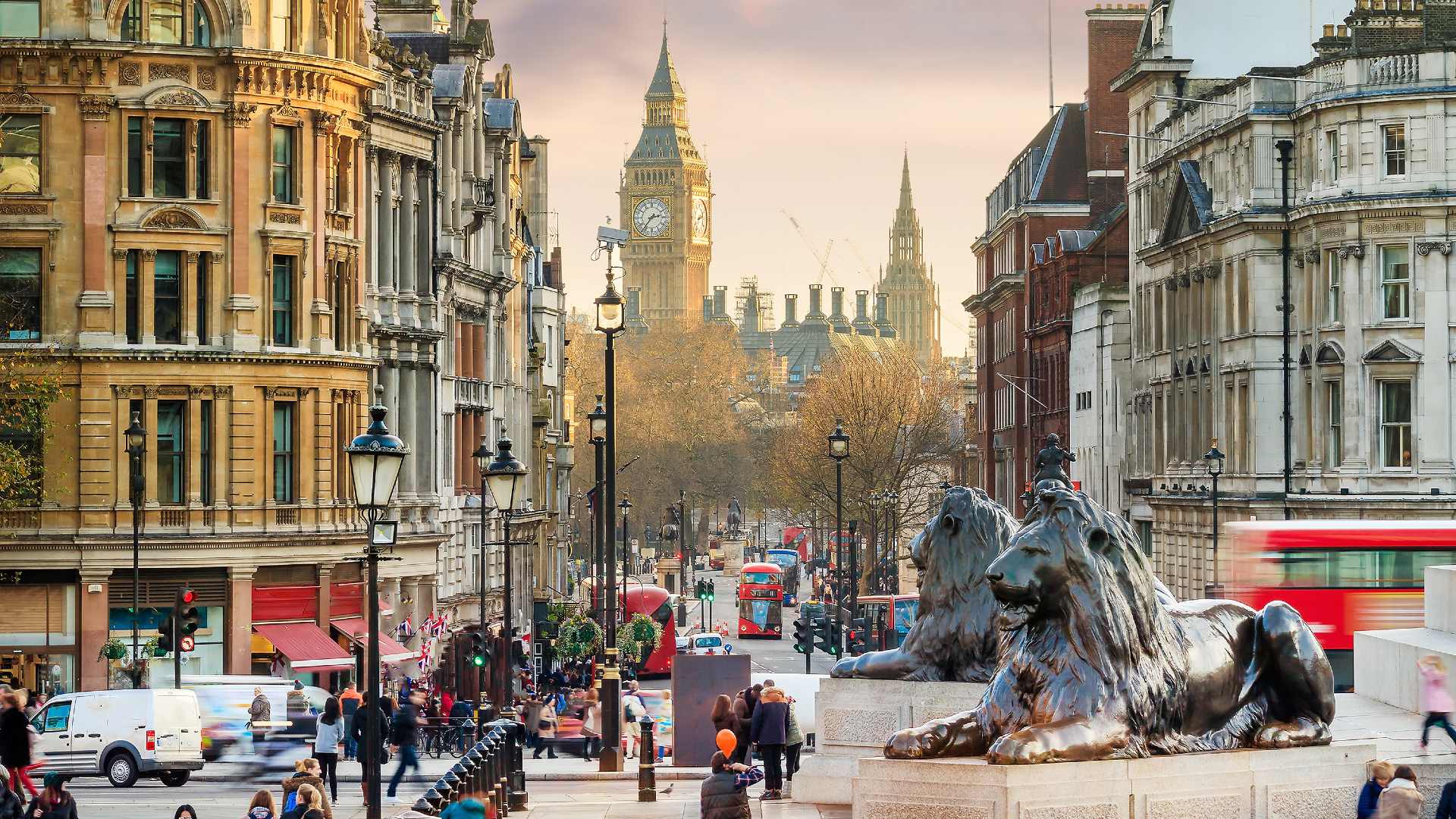 a bustling trafalgar square in london