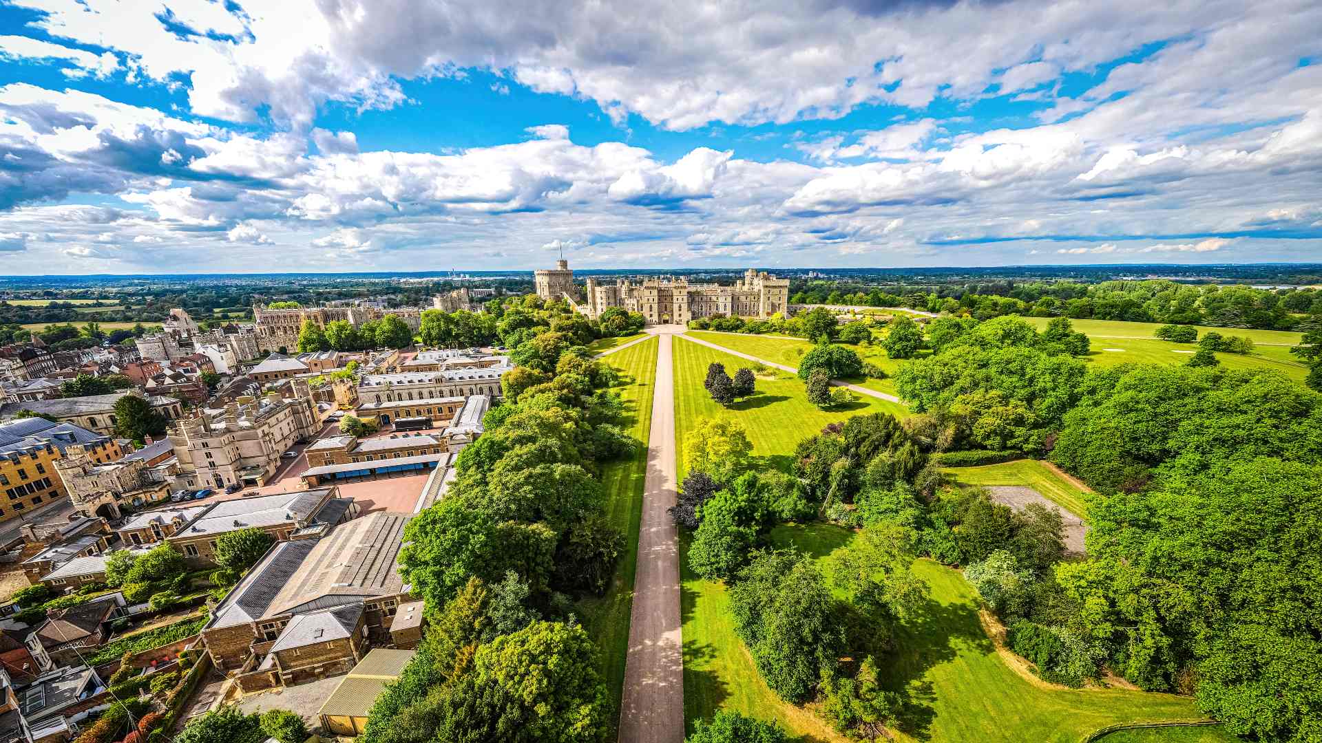 aerial view of Windsor Castle in the green English countryside