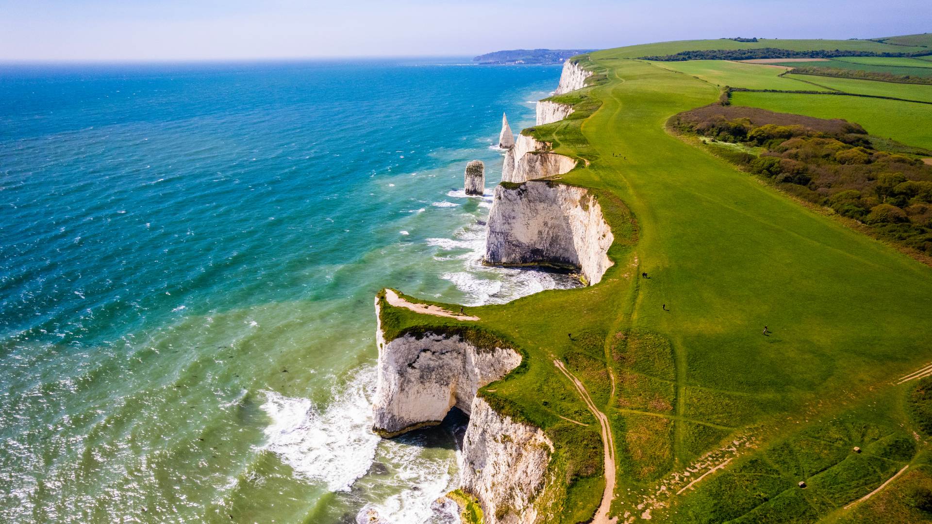 birds eye view of the Jurassic Coast bright white cliffs