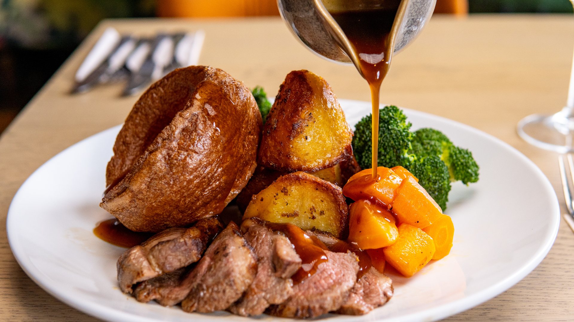 English Sunday roast dinner with gravy