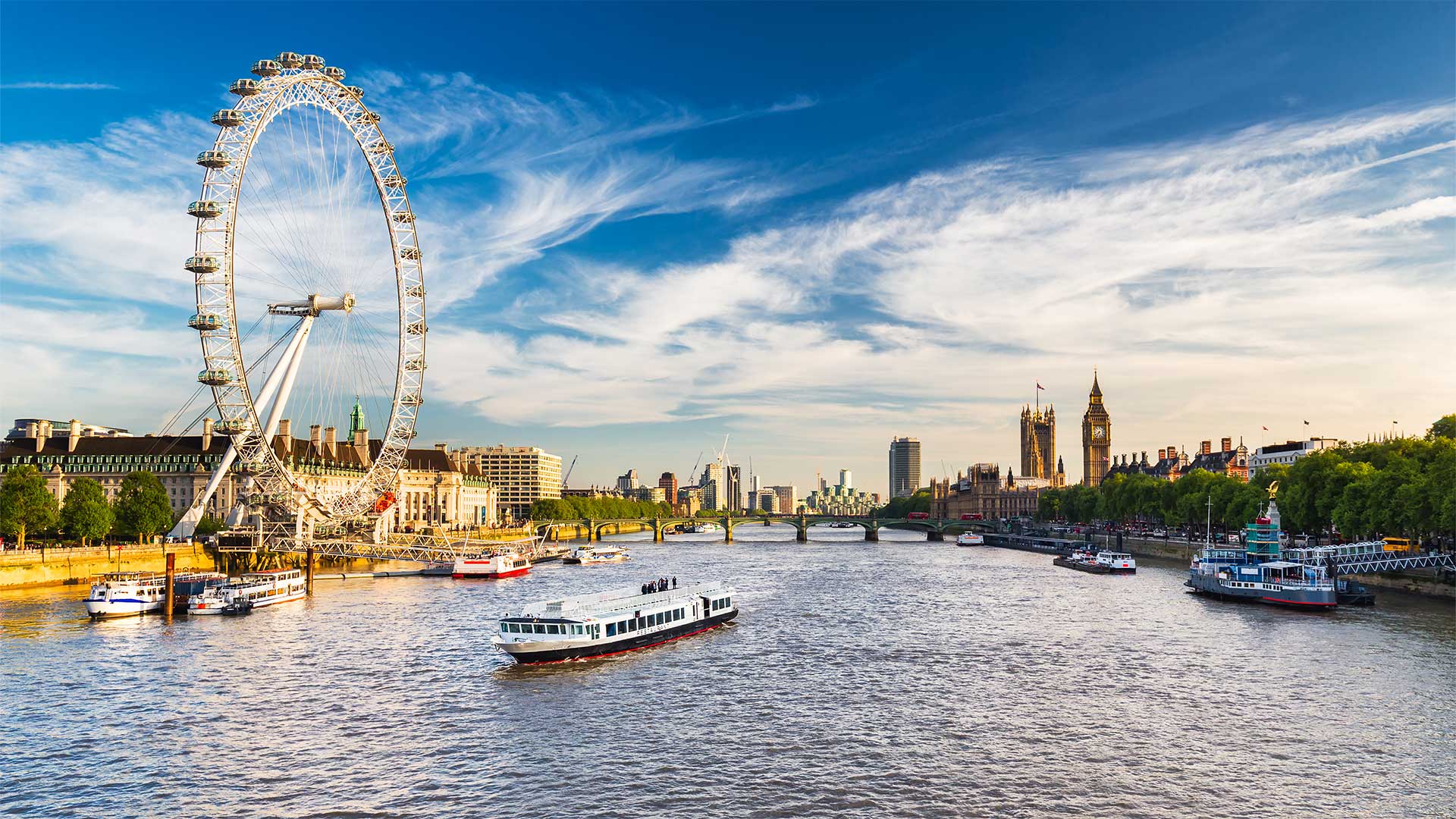 View of the London Eye and Thames River at sunset